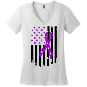 Purple Ribbon US Flag Epileptic Epilepsy Awareness Month Women's V-Neck T-Shirt