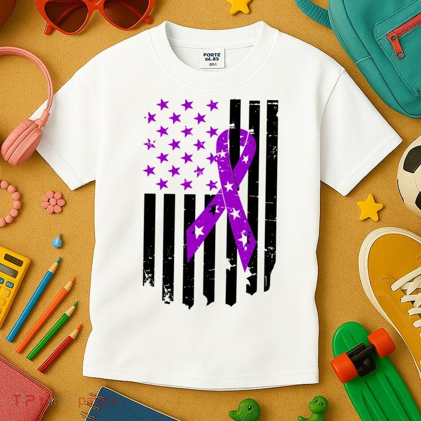 Purple Ribbon US Flag Epileptic Epilepsy Awareness Month Kids T-Shirt