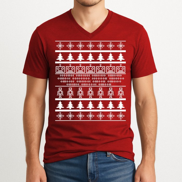 Pixel Robot Ugly Christmas V-Neck T-Shirt