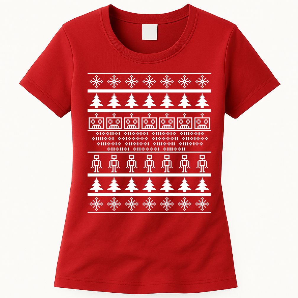 Pixel Robot Ugly Christmas Womens T-Shirt