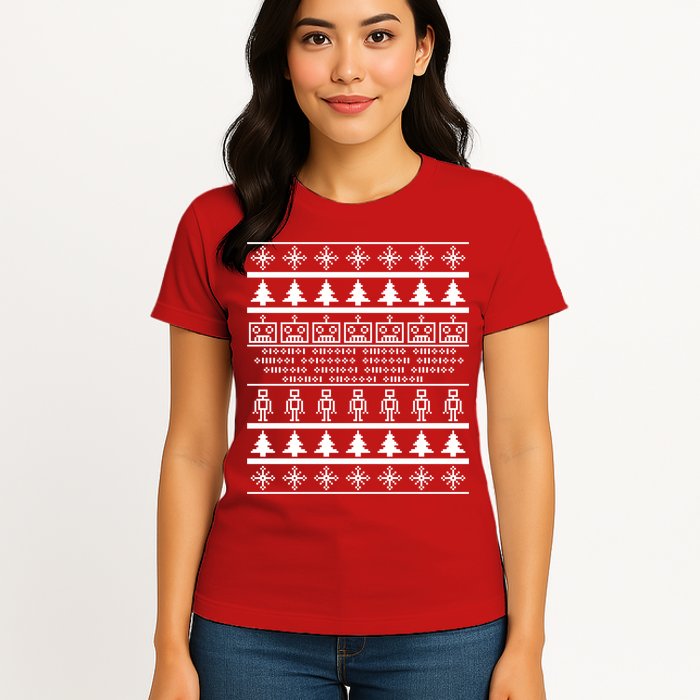 Pixel Robot Ugly Christmas Womens T-Shirt
