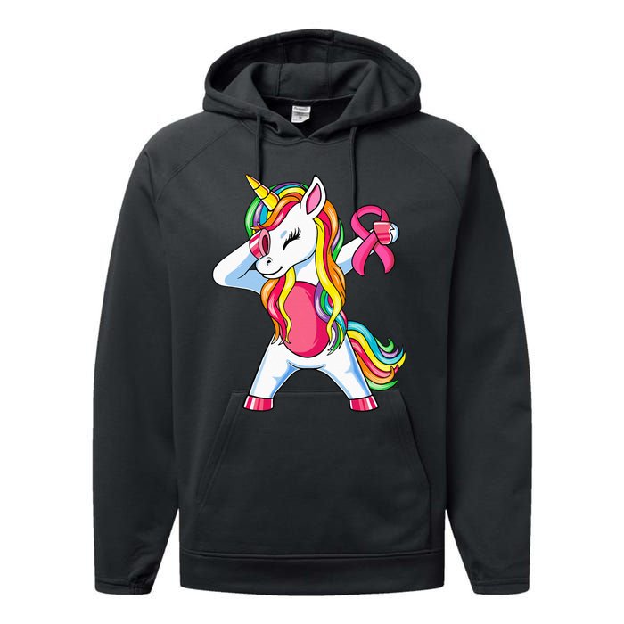 Pink Ribbon Unicorn Breast Cancer Awareness Performance Fleece Hoodie