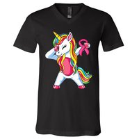 Pink Ribbon Unicorn Breast Cancer Awareness V-Neck T-Shirt