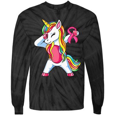 Pink Ribbon Unicorn Breast Cancer Awareness Tie-Dye Long Sleeve Shirt