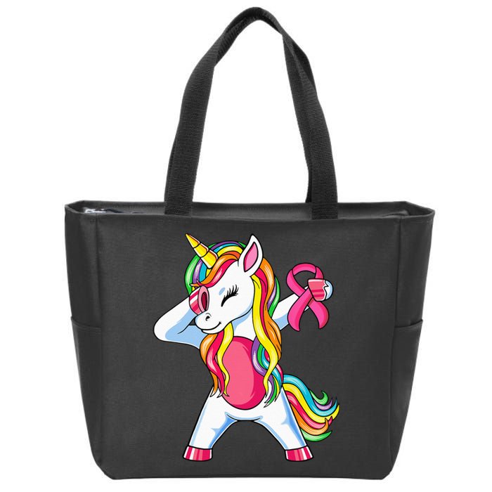 Pink Ribbon Unicorn Breast Cancer Awareness Zip Tote Bag