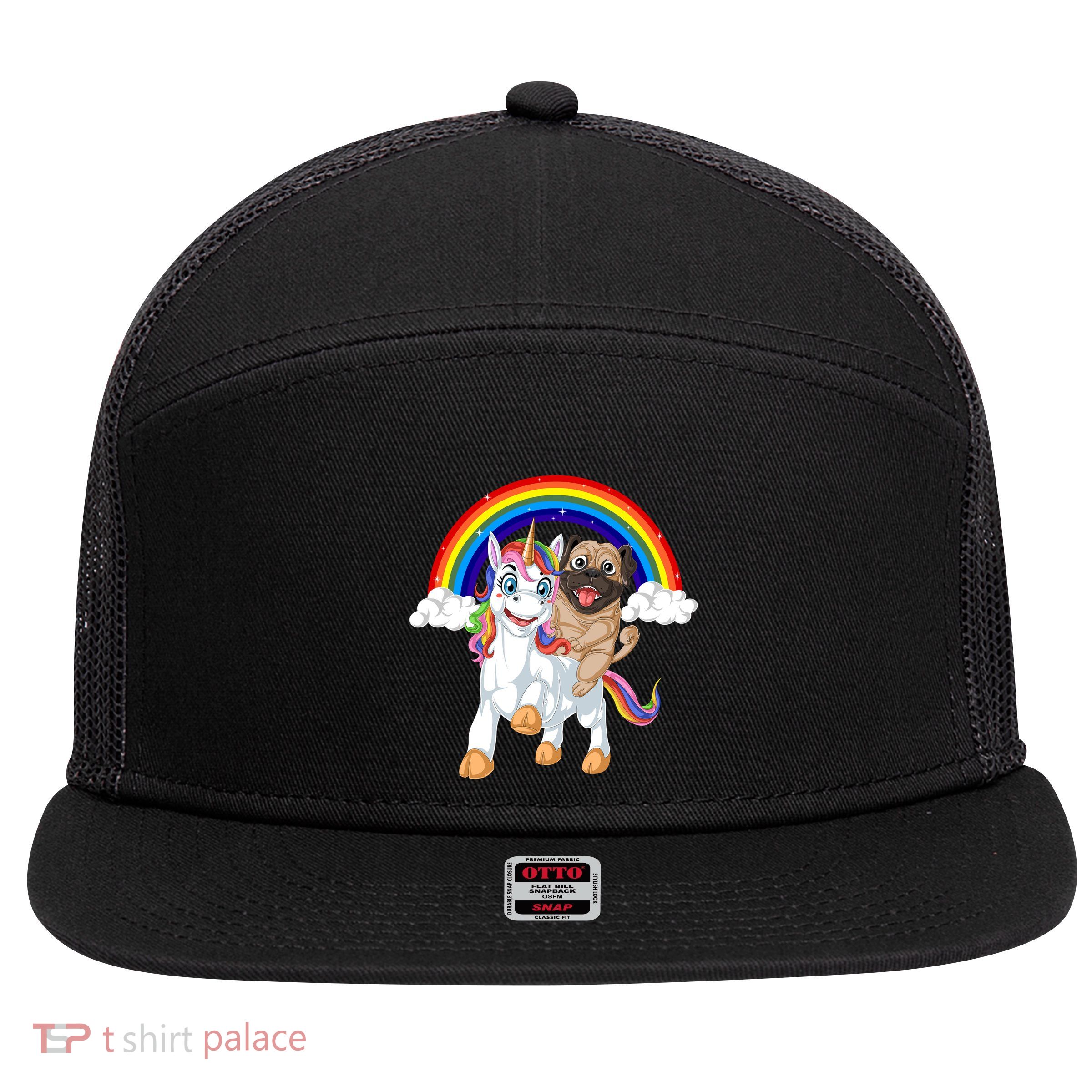 Pug Riding Unicorn 7 Panel Mesh Trucker Snapback Hat