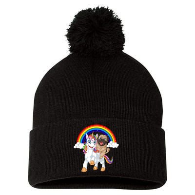 Pug Riding Unicorn Pom Pom 12in Knit Beanie