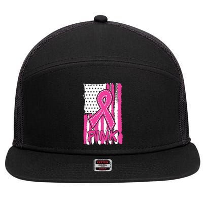 Pink Ribbon Us American Flag Breast Cancer Awareness 7 Panel Mesh Trucker Snapback Hat