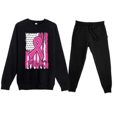 Pink Ribbon Us American Flag Breast Cancer Awareness Premium Crewneck Sweatsuit Set