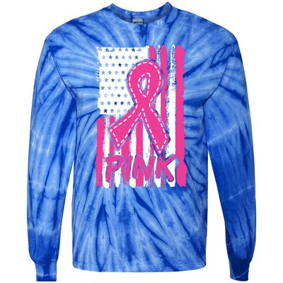 Pink Ribbon Us American Flag Breast Cancer Awareness Tie-Dye Long Sleeve Shirt