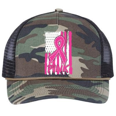 Pink Ribbon Us American Flag Breast Cancer Awareness Retro Rope Trucker Hat Cap