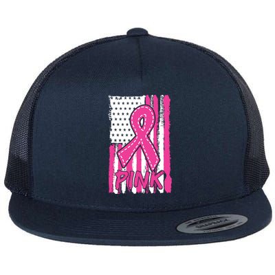 Pink Ribbon Us American Flag Breast Cancer Awareness Flat Bill Trucker Hat