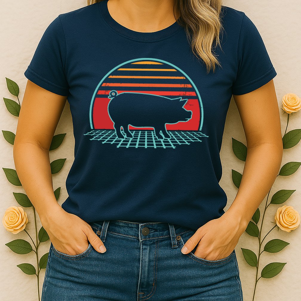 Pig Retro Vintage 80s Style Farm Animal Lover Gift Womens T-Shirt