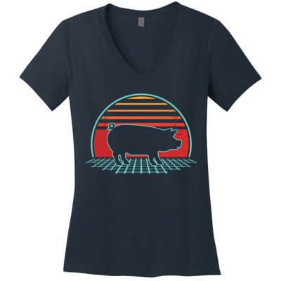 Pig Retro Vintage 80s Style Farm Animal Lover Gift Women's V-Neck T-Shirt