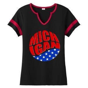 Patriotic Red White Blue Michigan Emblem Ladies Halftime Notch Neck Tee