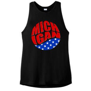 Patriotic Red White Blue Michigan Emblem Ladies PosiCharge Tri-Blend Wicking Tank