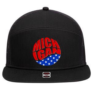 Patriotic Red White Blue Michigan Emblem 7 Panel Mesh Trucker Snapback Hat