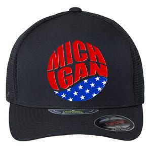 Patriotic Red White Blue Michigan Emblem Flexfit Unipanel Trucker Cap