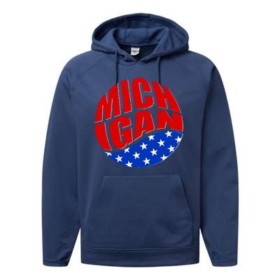 Patriotic Red White Blue Michigan Emblem Performance Fleece Hoodie