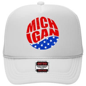 Patriotic Red White Blue Michigan Emblem High Crown Mesh Back Trucker Hat