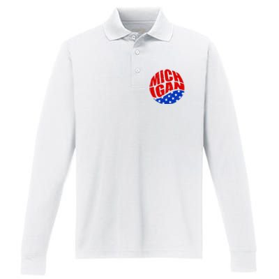 Patriotic Red White Blue Michigan Emblem Performance Long Sleeve Polo