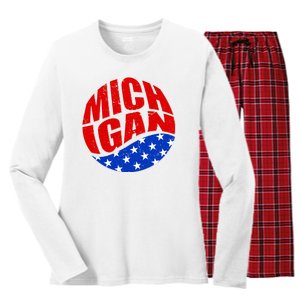 Patriotic Red White Blue Michigan Emblem Women's Long Sleeve Flannel Pajama Set 