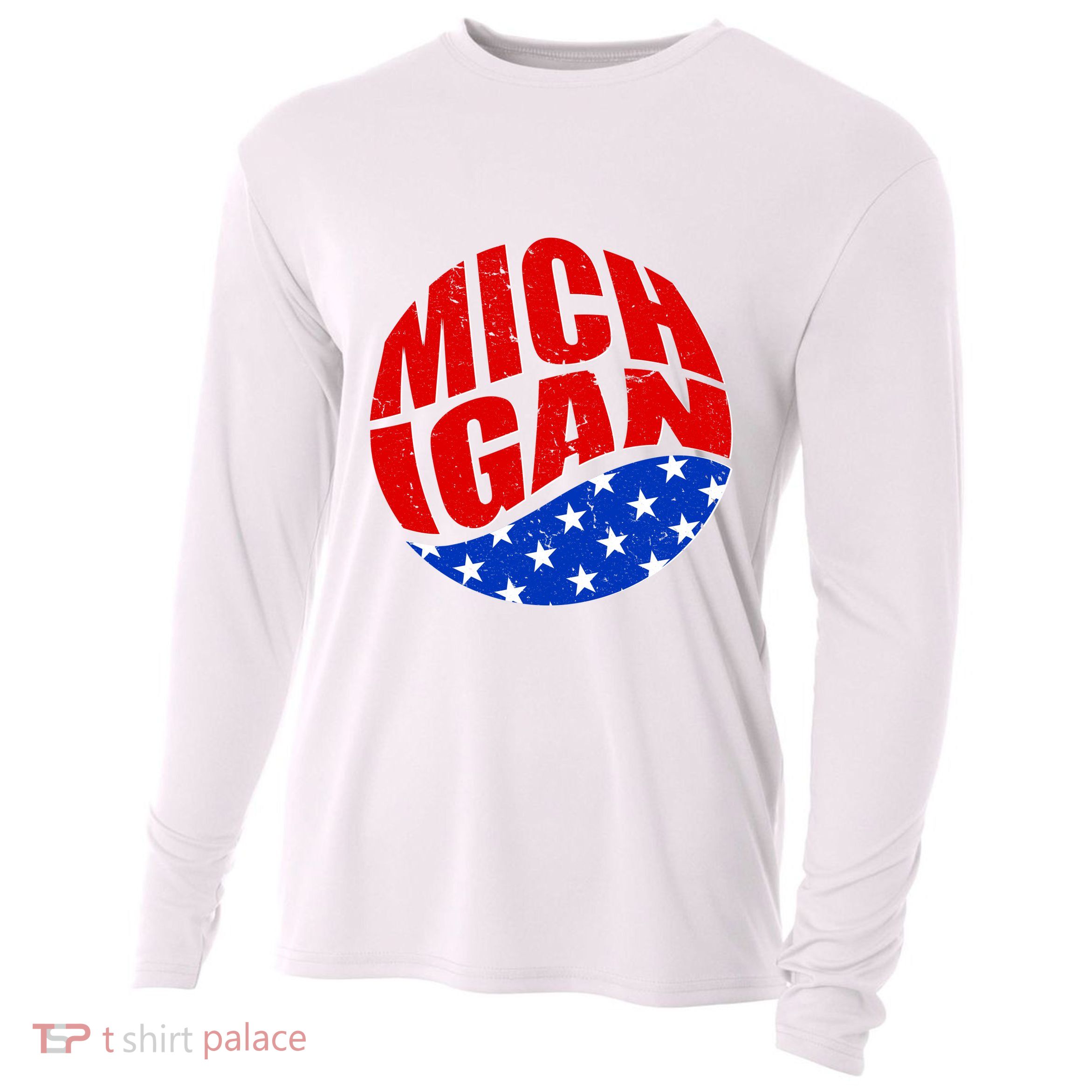Patriotic Red White Blue Michigan Emblem Cooling Performance Long Sleeve Crew