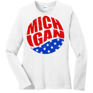 Patriotic Red White Blue Michigan Emblem Ladies Long Sleeve Shirt