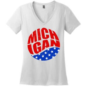 Patriotic Red White Blue Michigan Emblem Women's V-Neck T-Shirt