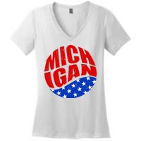 Patriotic Red White Blue Michigan Emblem Women's V-Neck T-Shirt