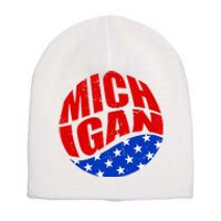 Patriotic Red White Blue Michigan Emblem Short Acrylic Beanie