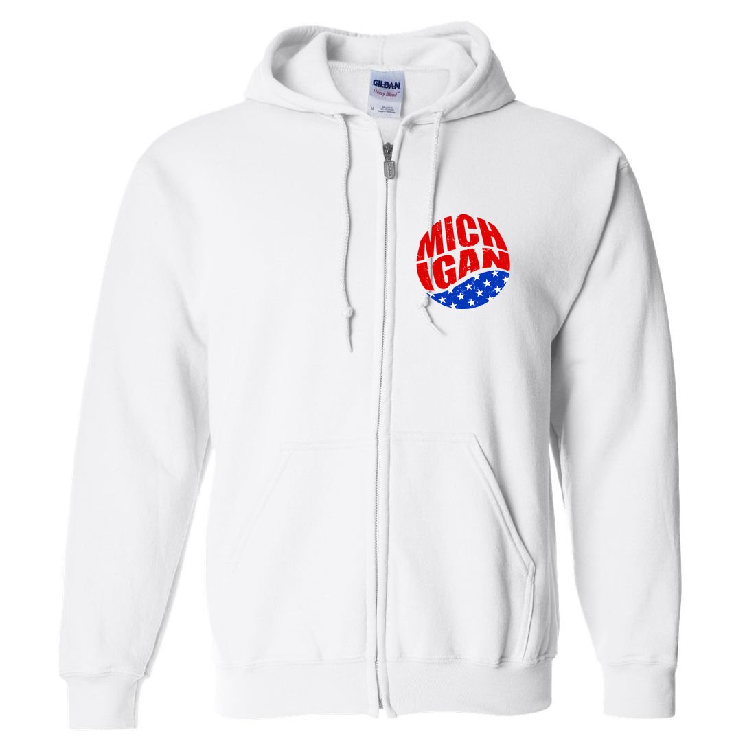 Patriotic Red White Blue Michigan Emblem Full Zip Hoodie