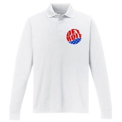 Patriotic Red White Blue Detroit Emblem Performance Long Sleeve Polo