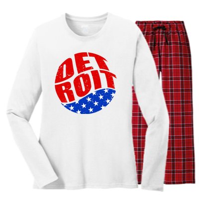 Patriotic Red White Blue Detroit Emblem Women's Long Sleeve Flannel Pajama Set 