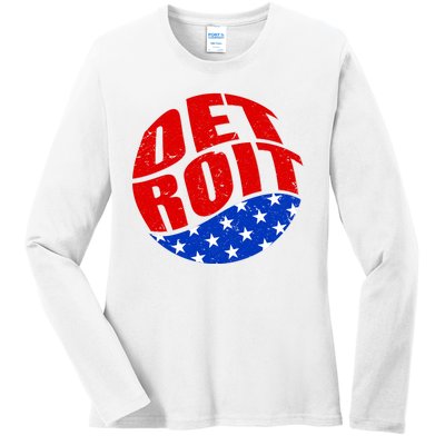 Patriotic Red White Blue Detroit Emblem Ladies Long Sleeve Shirt