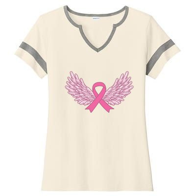 Pink Ribbon Wings Breast Cancer Awareness Ladies Halftime Notch Neck Tee