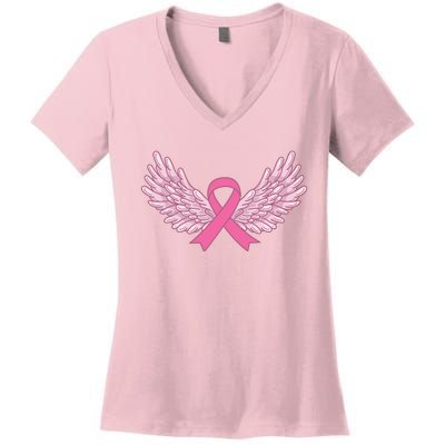 Pink Ribbon Wings Breast Cancer Awareness Women's V-Neck T-Shirt