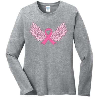 Pink Ribbon Wings Breast Cancer Awareness Ladies Long Sleeve Shirt