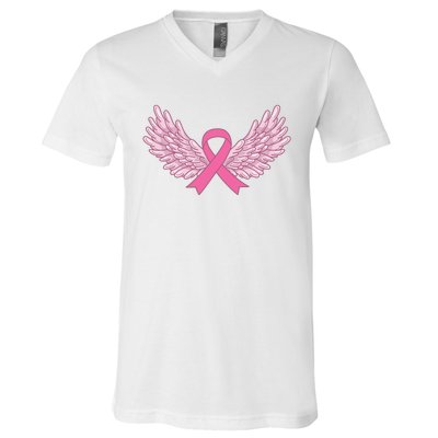 Pink Ribbon Wings Breast Cancer Awareness V-Neck T-Shirt