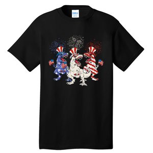 Patriotic Red White Blue T Rex Dinosaur Firework 4th Of July Tall T-Shirt