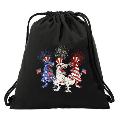 Patriotic Red White Blue T Rex Dinosaur Firework 4th Of July Drawstring Bag