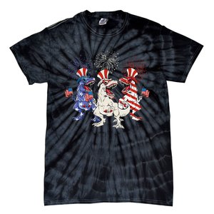 Patriotic Red White Blue T Rex Dinosaur Firework 4th Of July Tie-Dye T-Shirt