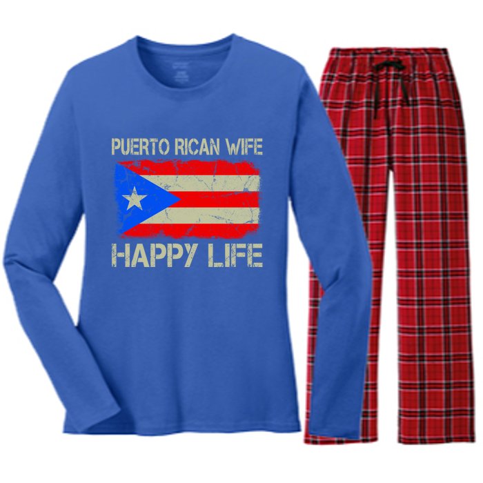 Puerto Rican Wife Happy Life Puerto Rico Flag Funny Husband Gift Women's Long Sleeve Flannel Pajama Set 