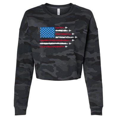 Patriotic Red White Blue Usa Flag Fighter Jets 4th Of July Cropped Pullover Crew