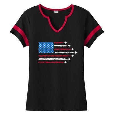 Patriotic Red White Blue Usa Flag Fighter Jets 4th Of July Ladies Halftime Notch Neck Tee