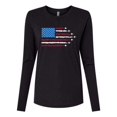 Patriotic Red White Blue Usa Flag Fighter Jets 4th Of July Womens Cotton Relaxed Long Sleeve T-Shirt