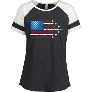 Patriotic Red White Blue Usa Flag Fighter Jets 4th Of July Enza Ladies Jersey Colorblock Tee