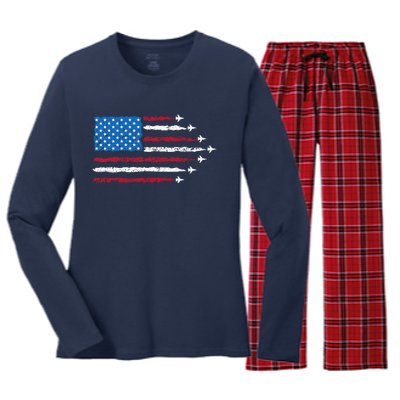 Patriotic Red White Blue Usa Flag Fighter Jets 4th Of July Women's Long Sleeve Flannel Pajama Set 