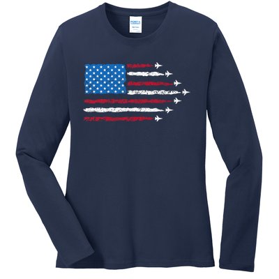 Patriotic Red White Blue Usa Flag Fighter Jets 4th Of July Ladies Long Sleeve Shirt