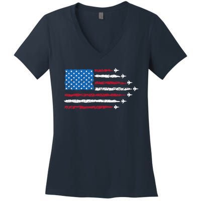 Patriotic Red White Blue Usa Flag Fighter Jets 4th Of July Women's V-Neck T-Shirt